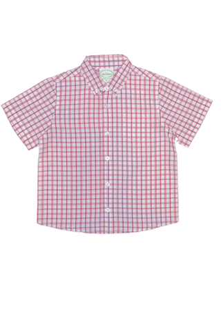 Boy's Red and White Plaid Short Sleeve Button Down