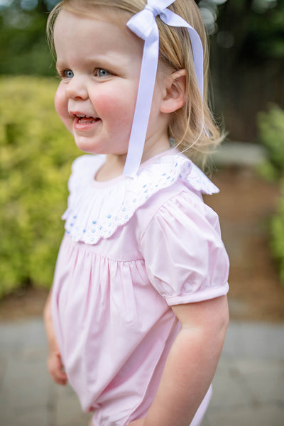 girl wearing Grace and James Kids Birdie Bubble with Heart Embroidery for valentines