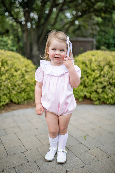 girl wearing Grace and James Kids Birdie Bubble with Heart Embroidery for valentines