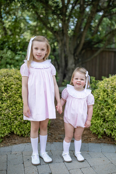 Group of girls wearing Grace and James Kids Birdie Dress and Birdie Bubble with Heart Embroidery for valentines