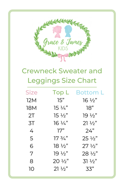 Size chart for crewneck sweaters and leggings by Grace & James Kids with a decorative logo at the top.