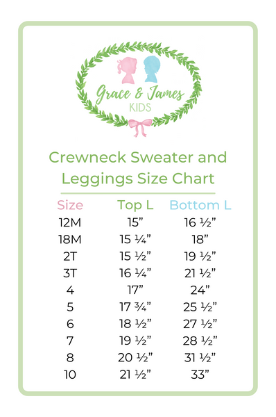 Grace and James Kids Crewneck Sweater and Leggings Size Chart