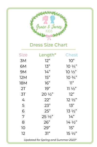 Grace and James Kids Dress Size Chart