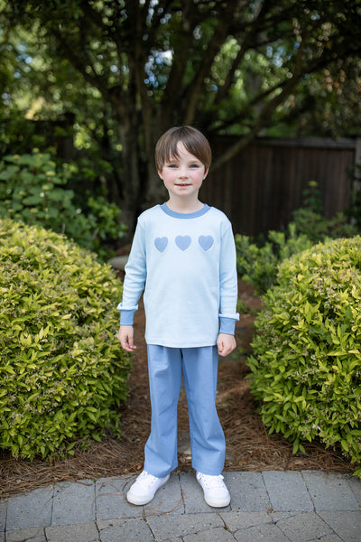 Boy wearing Grace and James Kids heart applique t-shirt set for valentines