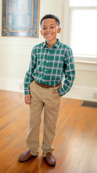Little Boy Wearing Campbell Plaid Button Down and Khakis
