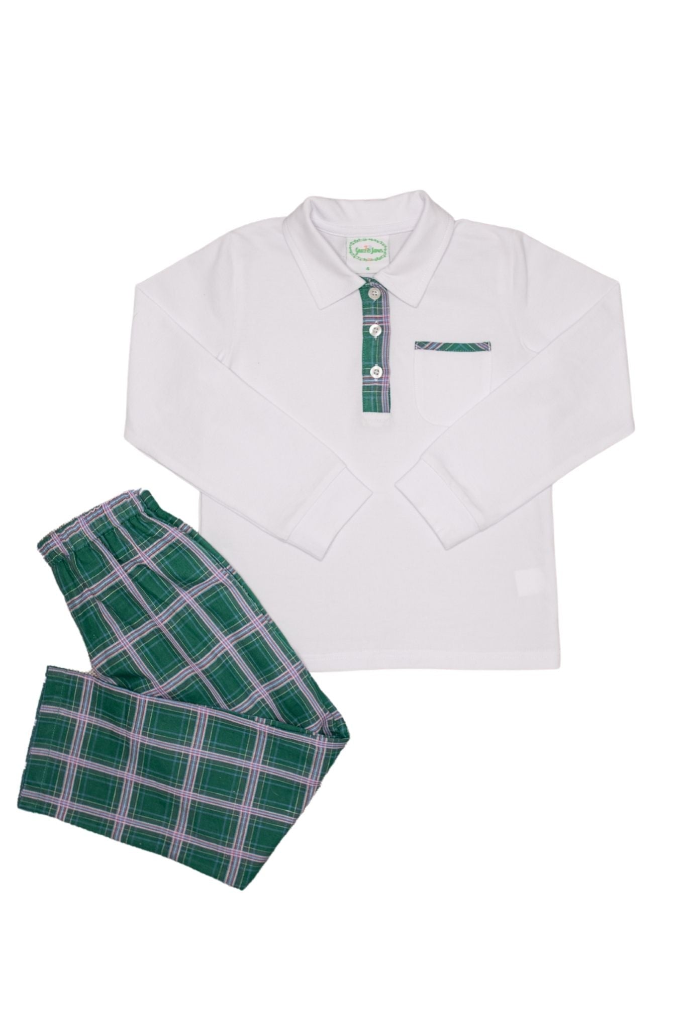 White Collared Long Sleeve Shirt and Campbell Plaid Pants