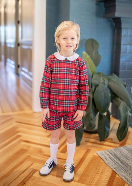 Boy Wearing Charles Short Set in Red Plaid