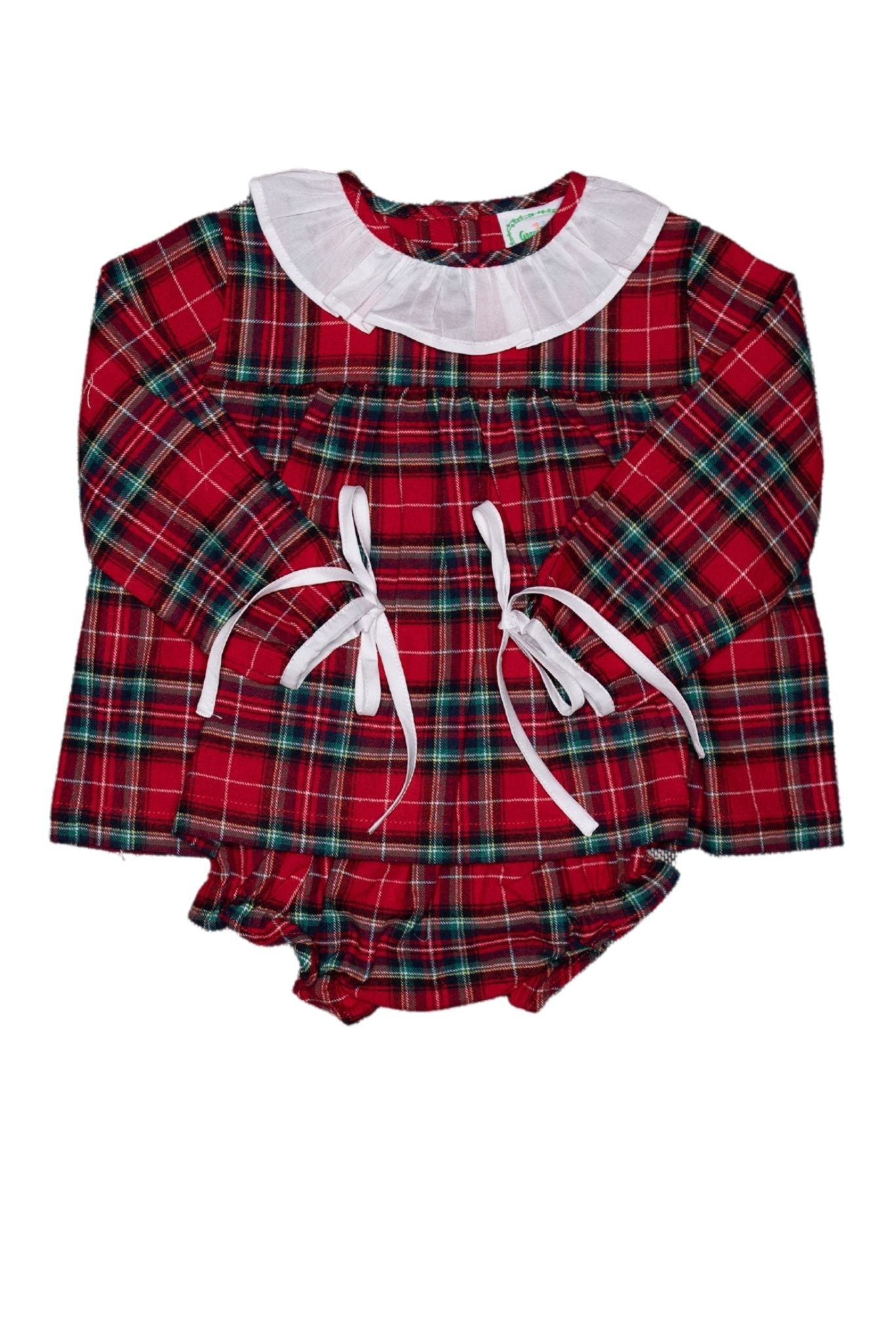 Red Plaid Clara Diaper Set with Ruffled Collar and White Bows