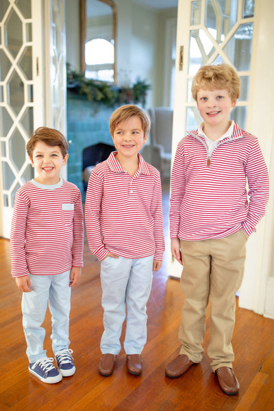 Brothers Wearing Coordinating Red and White Copeland Stripe Shirts in All Three Different Styles