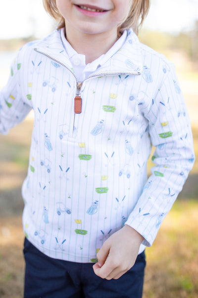 Close Up of Custom Golf Print on Half-Zip Pullover on Boy