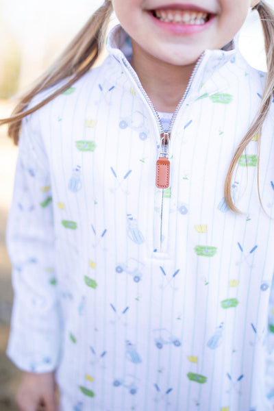 Close Up of Custom Golf Print on Half-Zip Pullover on Girl