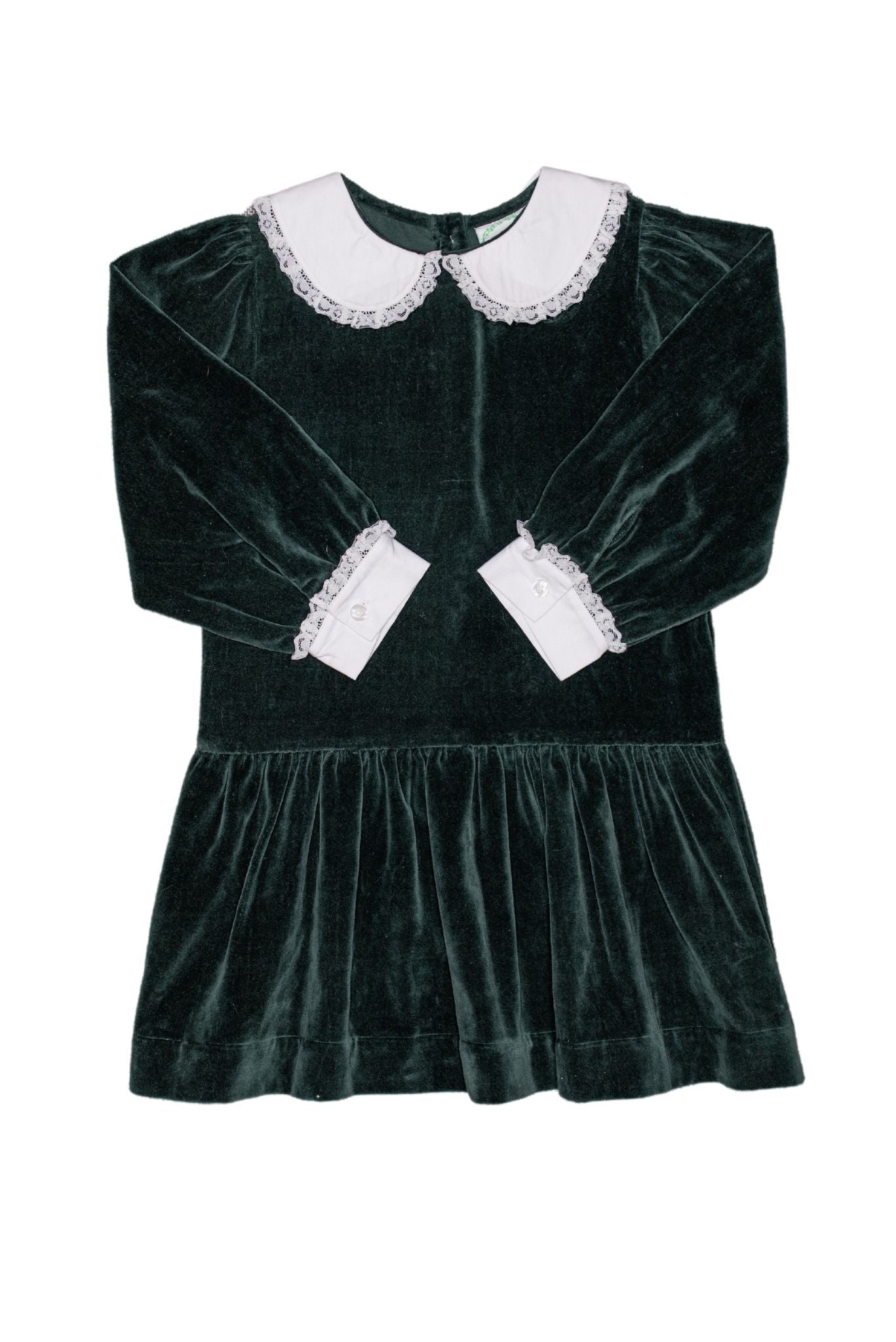 Green Velvet Drop Waist Dress with Peter Pan Collar and White Lace Details