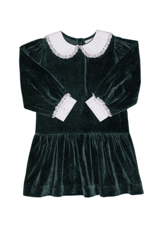 Green Velvet Drop Waist Dress with Peter Pan Collar and White Lace Details