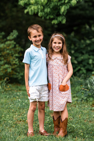 Brother and Sister Wearing Our Chandler Collared Shirt Set and Pumpkin Dress
