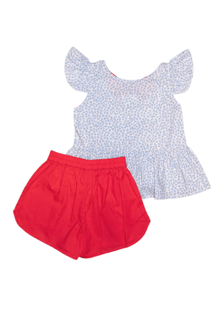 Girl's Light Blue and White Top with Red Bloomers and Bow
