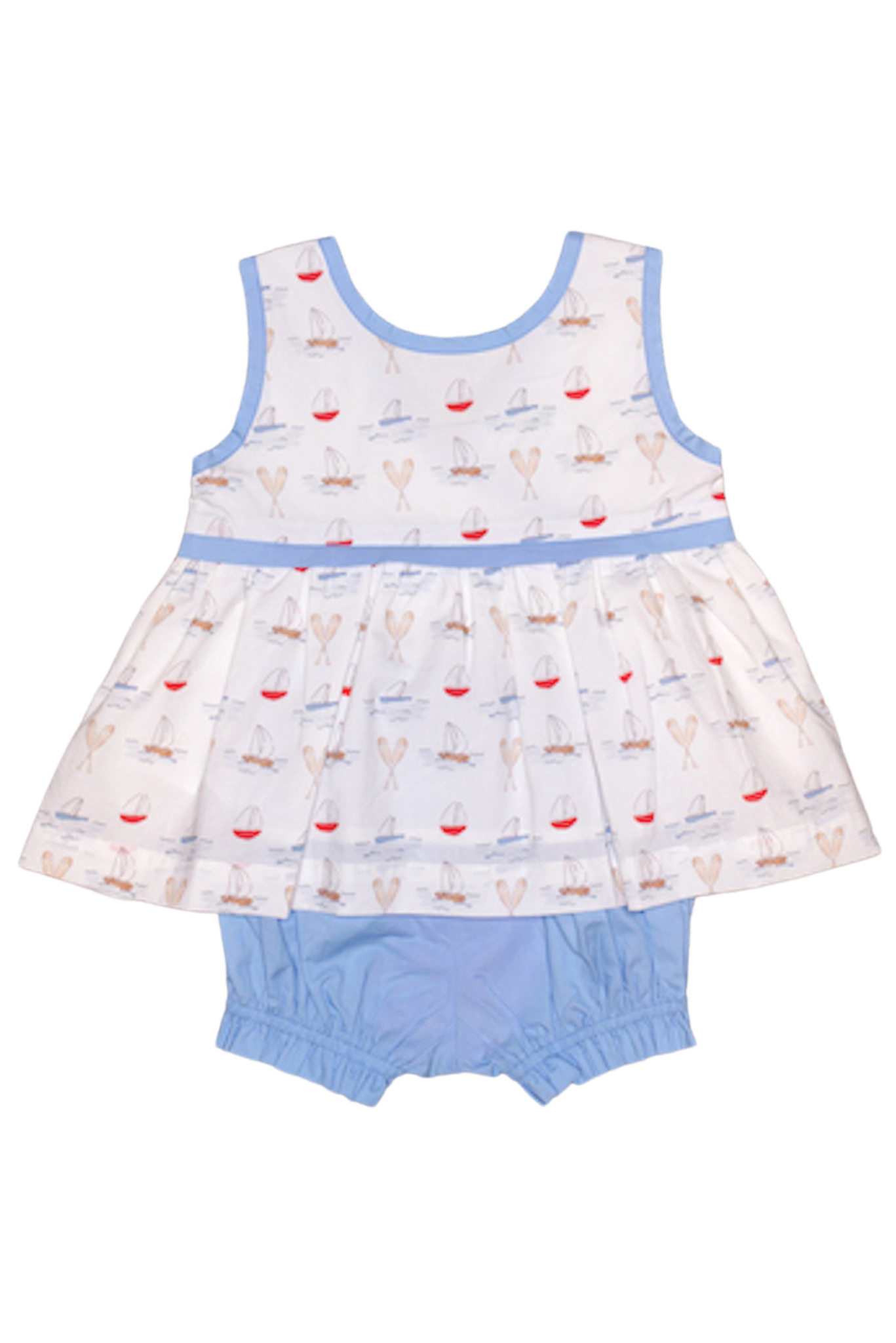 Girl's Custom Sailboat Print Apron Set with Coordinating Blue Bloomers