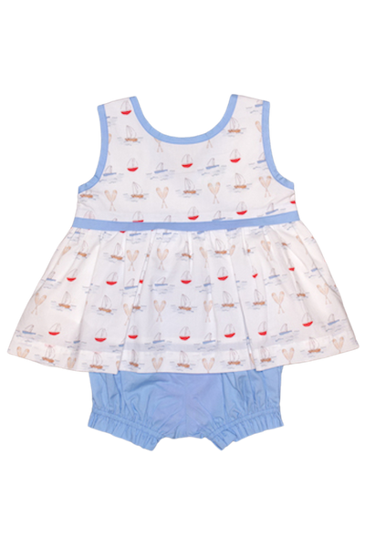 Girl's Custom Sailboat Print Apron Set with Coordinating Blue Bloomers
