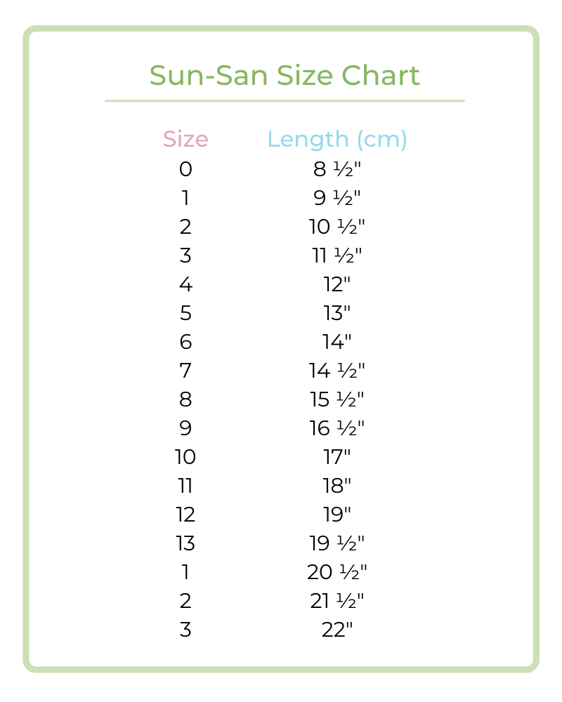 Sun san size chart 2025 in inches